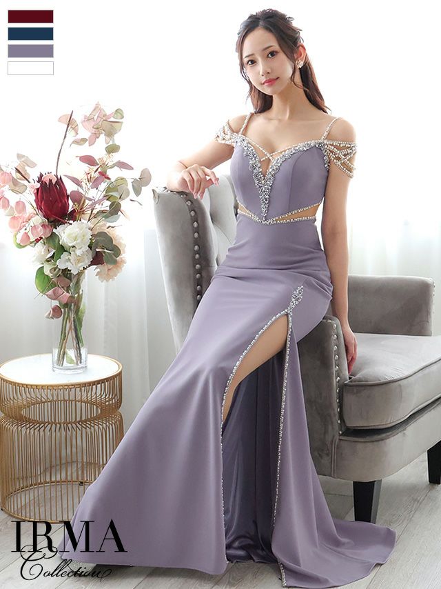 IRMA/イルマ】肩あき ビジュー スリット セクシー くびれ タイトロング