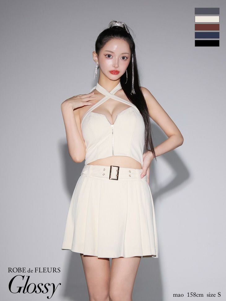 キャバドレス ブランド セクシー オープンバスト ホルターネック ジップデザイン ベルトデザイン セットアップ プリーツ フレアミニドレス