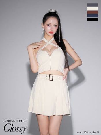 キャバドレス ブランド セクシー オープンバスト ホルターネック ジップデザイン ベルトデザイン セットアップ プリーツ フレアミニドレス