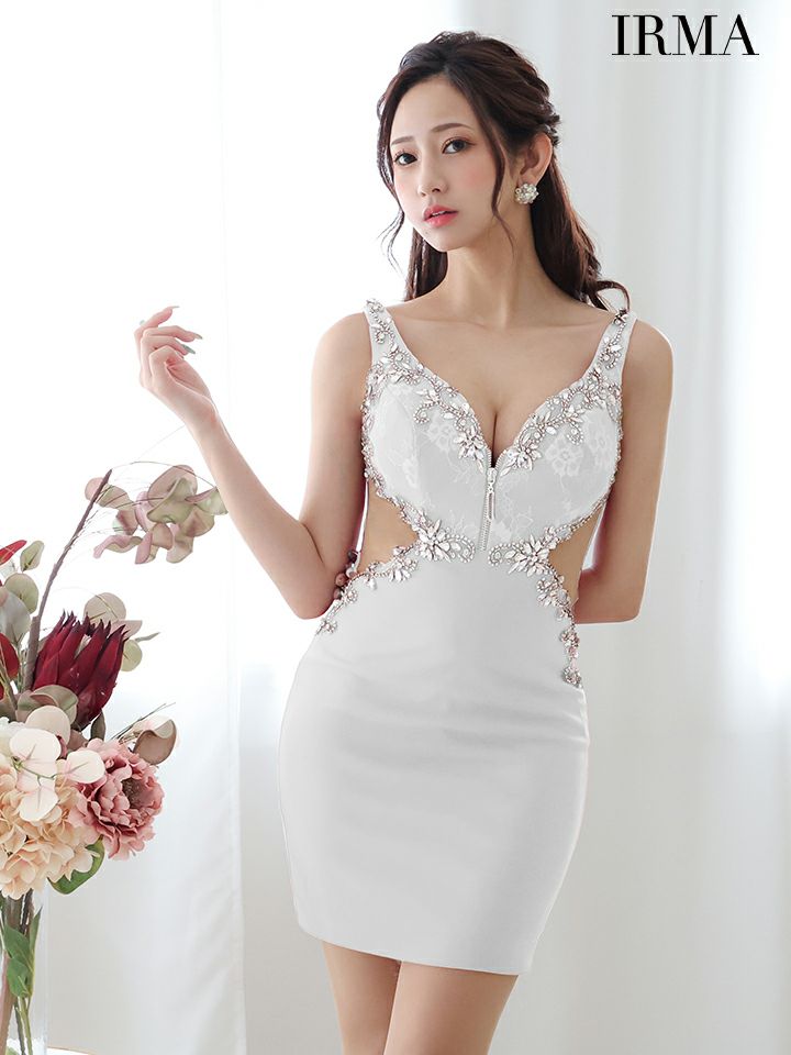 キャバドレス ブランド ノースリーブ ビジュー セクシー くびれ ジップデザイン タイトミニドレス(41677)