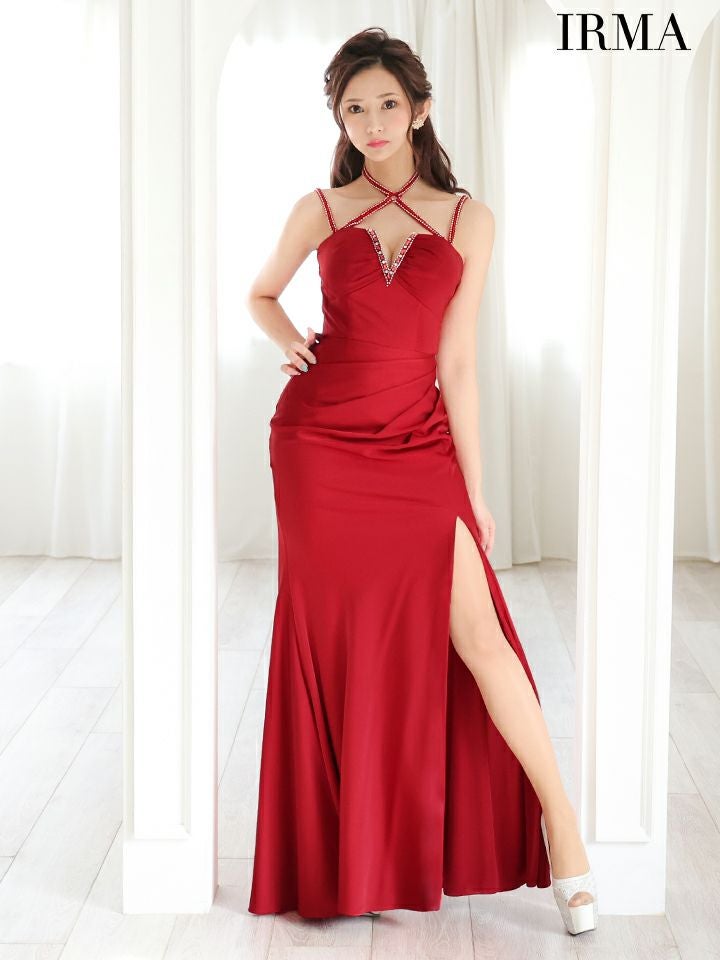 IRMA/イルマ】ホルターネック クロスデザイン ワンカラー ビジュー