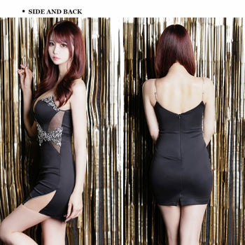 キャバドレス Angel R セクシー ウエスト ビジュー スリット メッシュ くびれ透け キャミソール タイトミニドレス