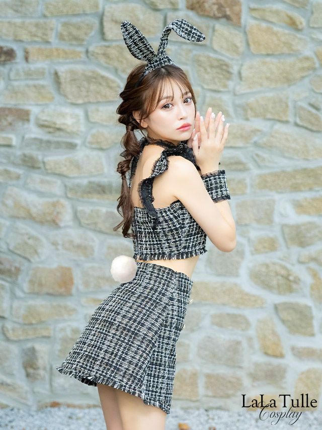 コスプレ セットアップ ツイード ミックス へそ出し パールボタン バニー ガーリー アニマル 衣装6点セット