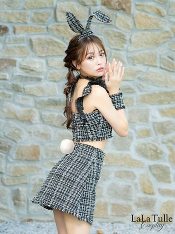 コスプレ セットアップ ツイード ミックス へそ出し パールボタン バニー ガーリー アニマル 衣装6点セット