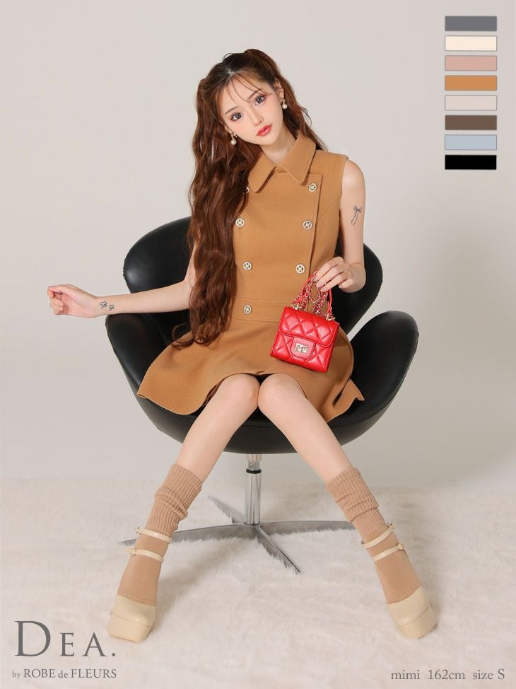 【DEA.by ROBE de FLEURS/ディア】シンプル メルトン 襟付き ノースリーブ ダブルボタン プリーツ フレアミニドレス