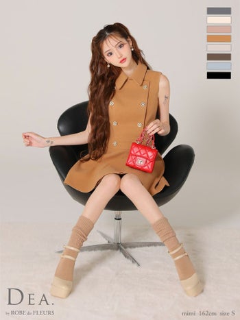 【DEA.by ROBE de FLEURS/ディア】シンプル メルトン 襟付き ノースリーブ ダブルボタン プリーツ フレアミニドレス