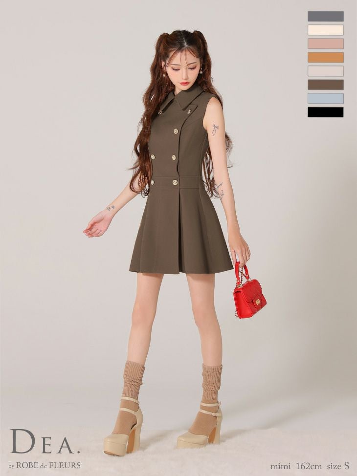 【DEA.by ROBE de FLEURS/ディア】プリーツ ダブルボタン シンプル メルトン 襟付き ノースリーブ フレアミニドレス