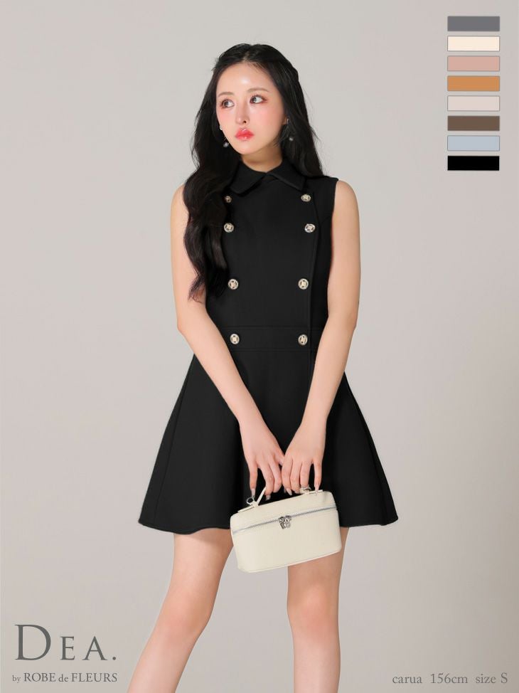 【DEA.by ROBE de FLEURS/ディア】ノースリーブ 襟付き プリーツ ダブルボタン シンプル メルトン フレアミニドレス