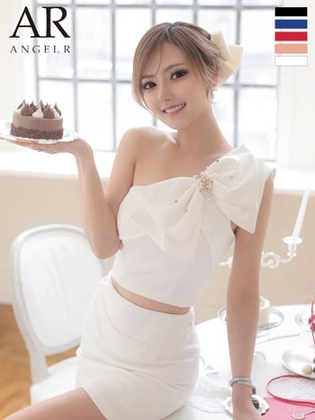 キャバドレス Angel R セクシー セットアップ リボン パール チェーン ワンショルダー タイトミニドレス