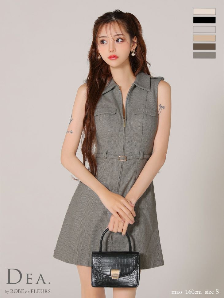 【DEA.by ROBE de FLEURS/ディア】ノースリーブ シンプル 襟付き ウエストベルト ジップデザイン フレアミニドレス