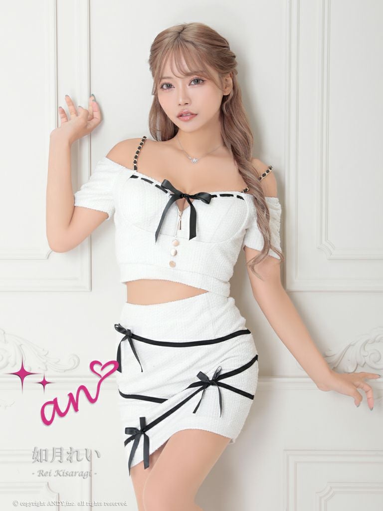 an/アン】ジップデザイン リボン オフショルダー セットアップ 金 