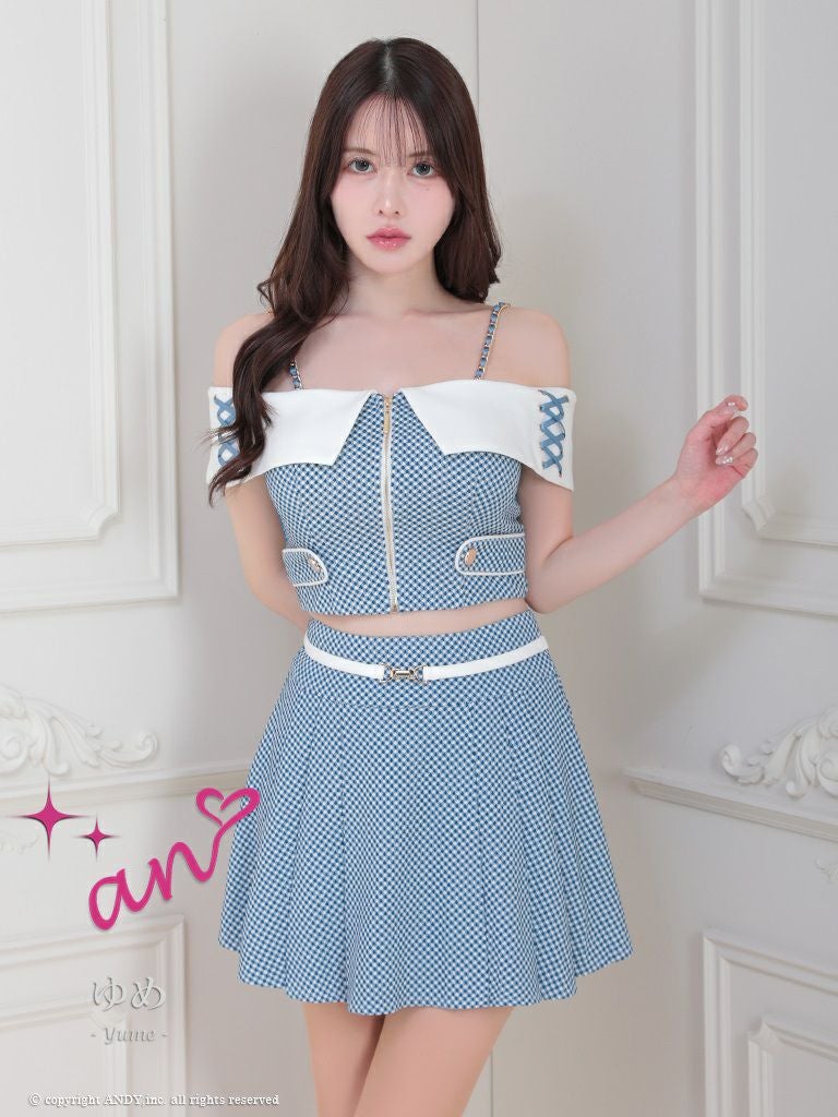 an/アン】オフショルダー チェック柄 セットアップ ジップデザイン