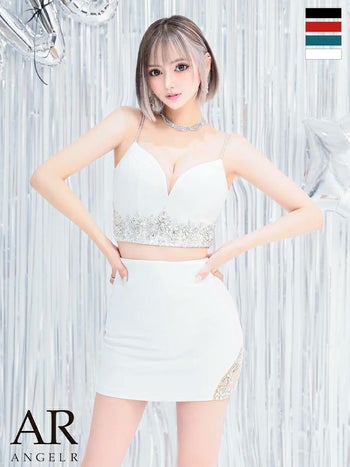 キャバドレス Angel R メッシュ ラインストーン ウエスト ビジュー キャミソール セットアップ セクシー タイトミニドレス