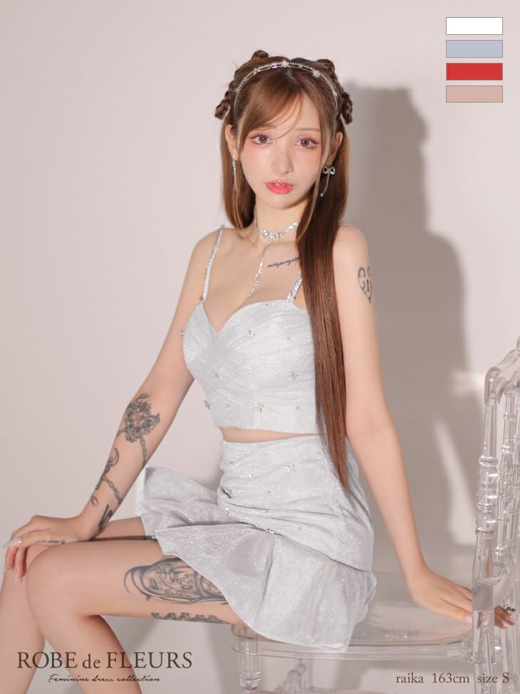 キャバドレス ミニドレス ROBEdeFLEURS ローブドフルール ラメニット ビジューキャミソール フリル チュール ガーリー ビジュー キャミソール セットアップ フレアミニドレス