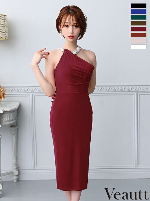 キャバドレス 高級 ミディアムドレス Veautt ヴュート ネックビジュー スリット タイト シンプル ドレープデザイン エレガント ミディアム ジップデザイン ひざ丈ドレス