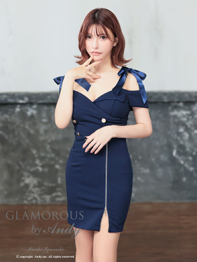 GLAMOROUS/グラマラス】リボン ジップデザイン 肩あき ゴールドボタン 