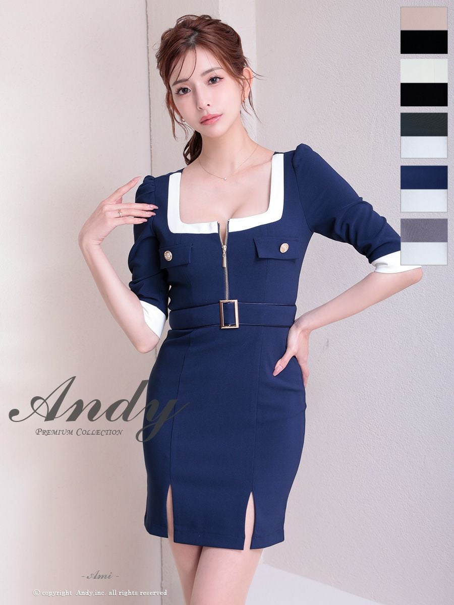 キャバドレス タイトミニドレス Andy アンディ スリット バイカラー ジップデザイン 袖あり 飾りポケット ベルト