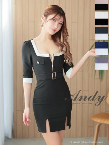 キャバドレス タイトミニドレス Andy アンディ バイカラー スリット ジップデザイン 袖あり 飾りポケット ベルト