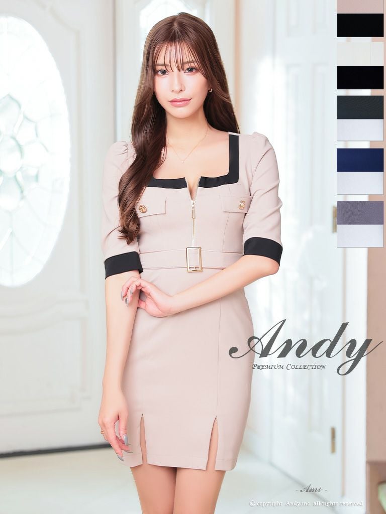 キャバドレス Andy アンディ 飾りポケット ジップデザイン バイカラー スリット 袖あり ベルト タイトミニドレス