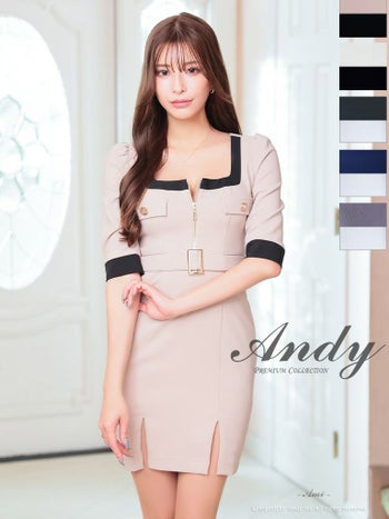 キャバドレス Andy アンディ 飾りポケット ジップデザイン バイカラー スリット 袖あり ベルト タイトミニドレス