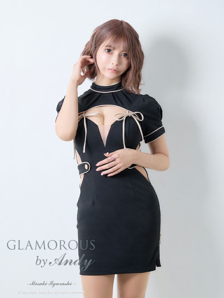 GLAMOROUS/グラマラス】くびれ透け リボン 半袖 バイカラー ハイネック
