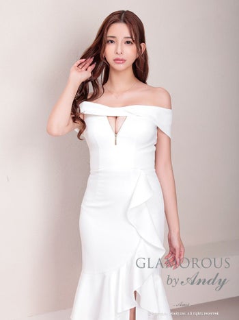 キャバドレス ロングドレス GLAMOROUS グラマラス ワンカラー マーメイド スリット フリル ジップデザイン アシンメトリー オフショルダー 半袖 マーメイドロングドレス