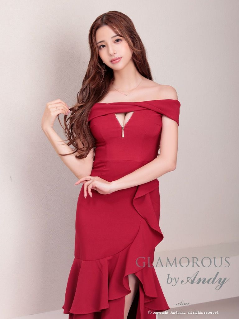 キャバドレス ロングドレス GLAMOROUS グラマラス ワンカラー スリット フリル マーメイド ジップデザイン アシンメトリー オフショルダー 半袖 マーメイドロングドレス