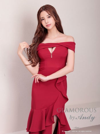 キャバドレス ロングドレス GLAMOROUS グラマラス ワンカラー スリット フリル マーメイド ジップデザイン アシンメトリー オフショルダー 半袖 マーメイドロングドレス