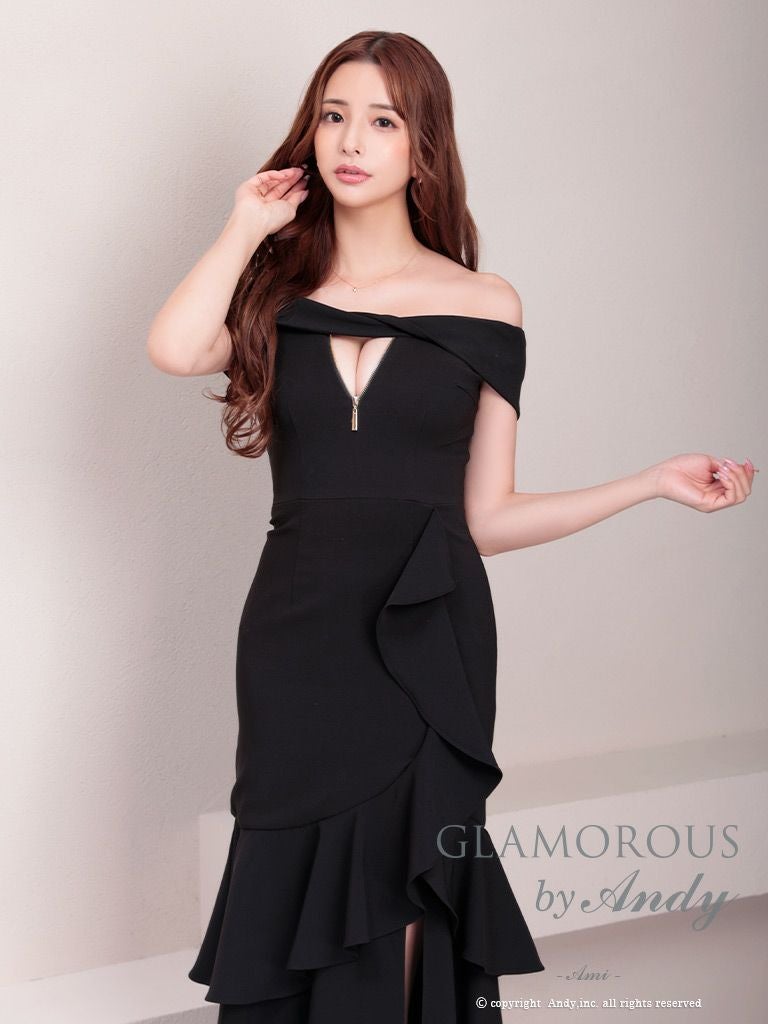 キャバドレス ロングドレス GLAMOROUS グラマラス ジップデザイン アシンメトリー マーメイド スリット フリル ワンカラー オフショルダー 半袖 マーメイドロングドレス