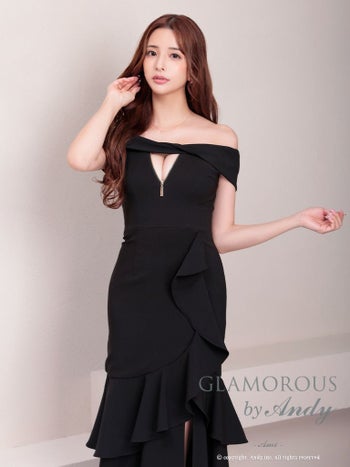 キャバドレス ロングドレス GLAMOROUS グラマラス ジップデザイン アシンメトリー マーメイド スリット フリル ワンカラー オフショルダー 半袖 マーメイドロングドレス