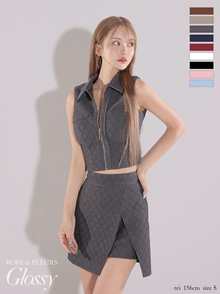 キャバドレス Glossy by ROBE de FLEURS セットアップ ジップデザイン 襟付き ノースリーブ ラップ ジャガードニット ワンカラー タイトミニドレス