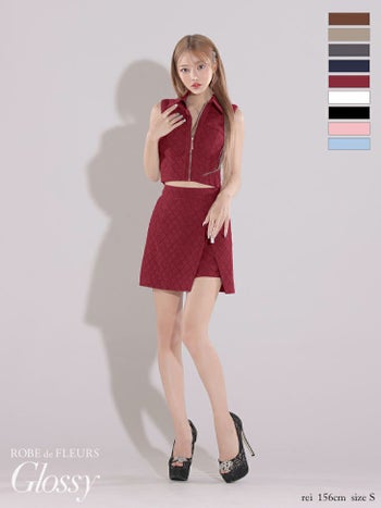 キャバドレス Glossy by ROBE de FLEURS ジャガードニット ジップデザイン セットアップ ワンカラー ノースリーブ 襟付き ラップスカート タイトミニドレス