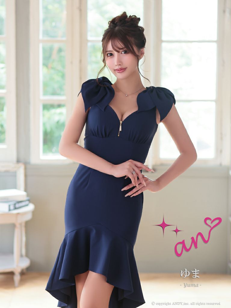 an/アン】ジップデザイン ワンカラー リボン 裾フリル ノースリーブ