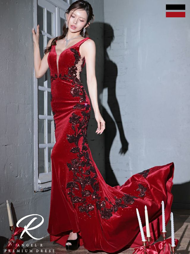 キャバドレス Angel R PREMIUM  バースデー ベルベット　オープンバスト ノースリーブ スパンコール ビジュー ワンカラー マーメイドロングドレス
