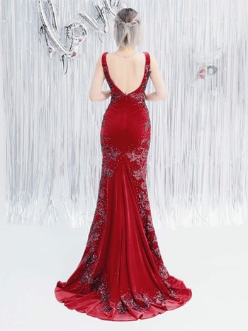 キャバドレス Angel R PREMIUM  バースデー ベルベット　オープンバスト ノースリーブ スパンコール ビジュー ワンカラー マーメイドロングドレス