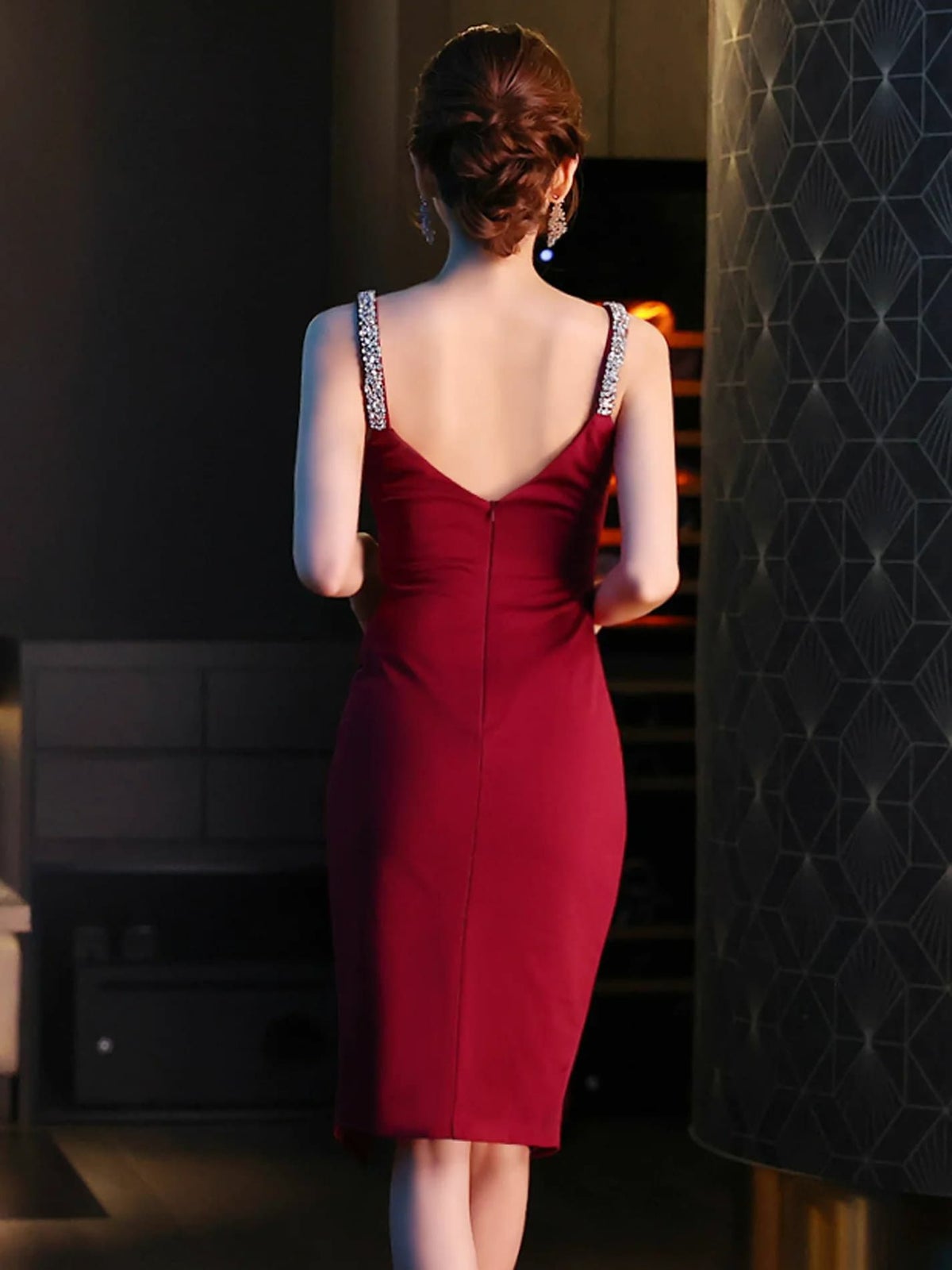 キャバドレス Veautt セクシー ビジュー ウエストタック スリット ノースリーブ タイト 膝丈ドレス