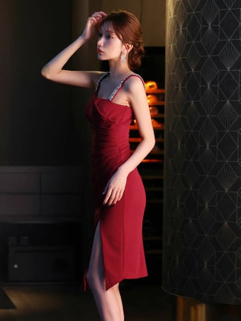 キャバドレス Veautt セクシー ビジュー ウエストタック スリット ノースリーブ タイト 膝丈ドレス