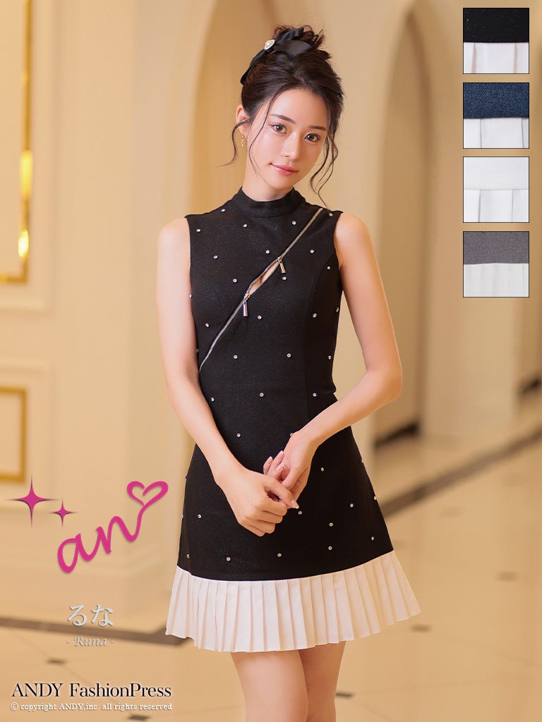 キャバドレス an ノースリーブ ジップデザイン ドット柄 プリーツ フレアミニドレス