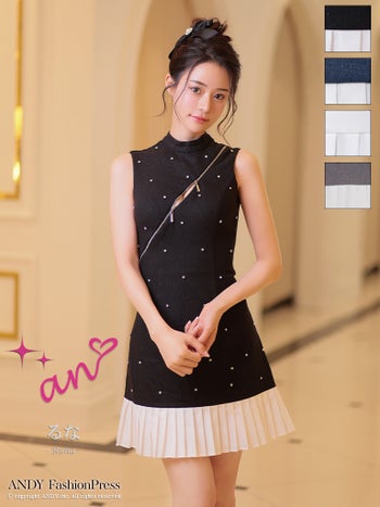 キャバドレス an ノースリーブ ジップデザイン ドット柄 プリーツ フレアミニドレス