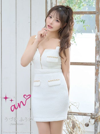 キャバドレス タイトミニドレス an アン ジップデザイン スーパーストレッチツイード チェーン ノースリーブ バックル 飾りポケット リボン