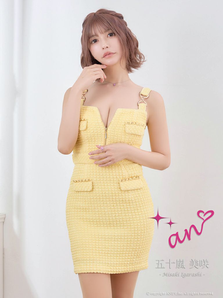 キャバドレス タイトミニドレス an アン チェーン ジップデザイン スーパーストレッチツイード ノースリーブ バックル 飾りポケット リボン