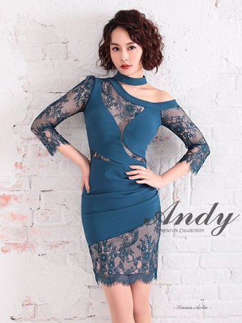 キャバドレス ミニドレス Andy アンディ アシンメトリー レース くびれ透け チョーカー風 袖あり ワンショルダー タイトミニドレス