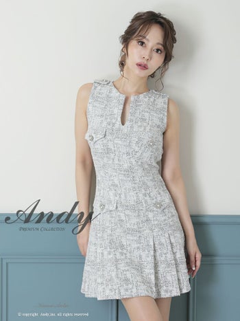 キャバドレス ミニドレス Andy アンディ ツイード ストレッチ プリーツ Aライン パールボタン ミックス柄 スリットネック ノースリーブ フレアミニドレス
