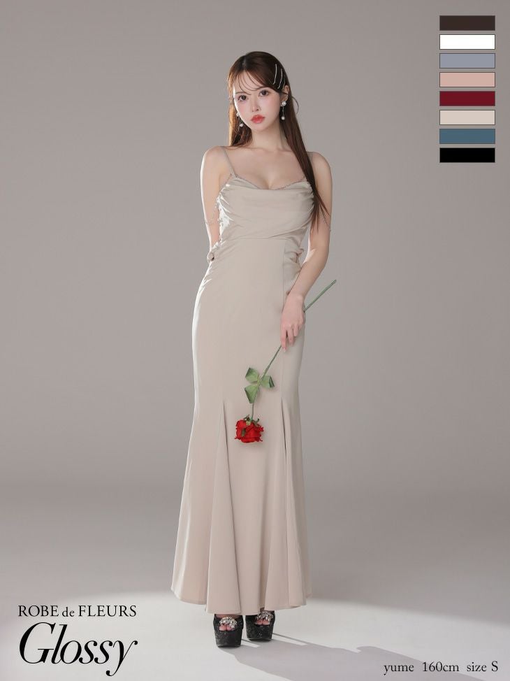 キャバドレス Glossy by ROBE de FLEURS グロッシー オープンバスト キャミソール サテン ビジュー チェーン セクシー マーメイドロングドレス