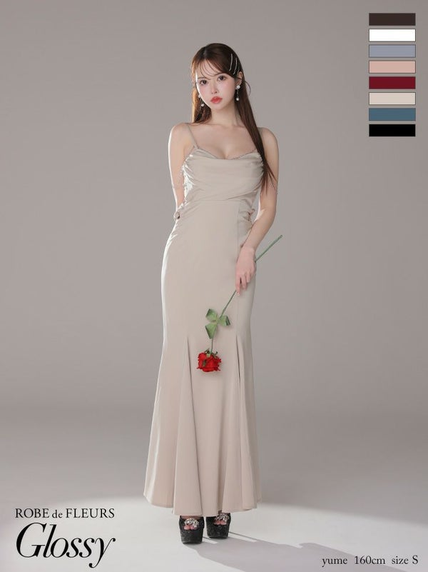 キャバドレス Glossy by ROBE de FLEURS グロッシー オープンバスト キャミソール サテン ビジュー チェーン セクシー マーメイドロングドレス
