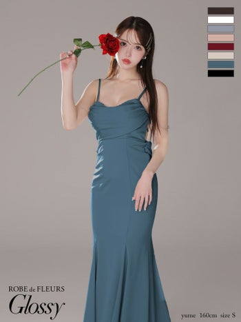 キャバドレス Glossy by ROBE de FLEURS グロッシー キャミソール サテン ビジュー チェーン セクシー オープンバスト マーメイドロングドレス