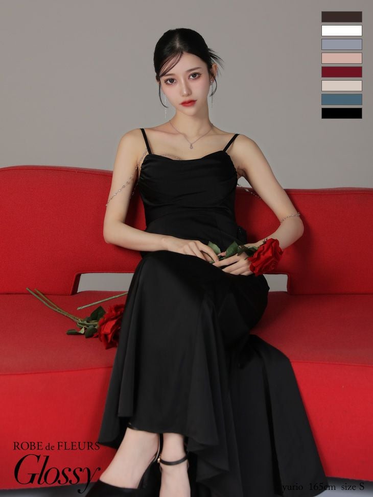 キャバドレス ブランド サテン ビジュー チェーン セクシー オープンバスト キャミソール マーメイドロングドレス