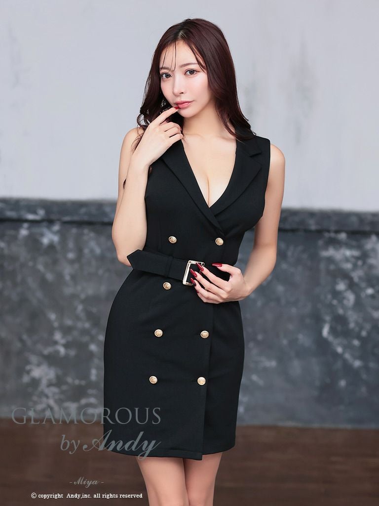キャバドレス ミニドレス GLAMOROUS グラマラス 襟付き ワンカラー ベルト 金ボタン ジャケット風 ノースリーブ タイトミニドレス