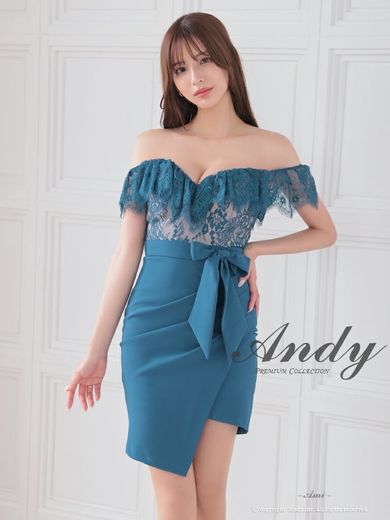 キャバドレス ミニドレス Andy アンディ ベルト ワンカラー フリル リボン レース アシンメトリー オフショルダー タイトミニドレス