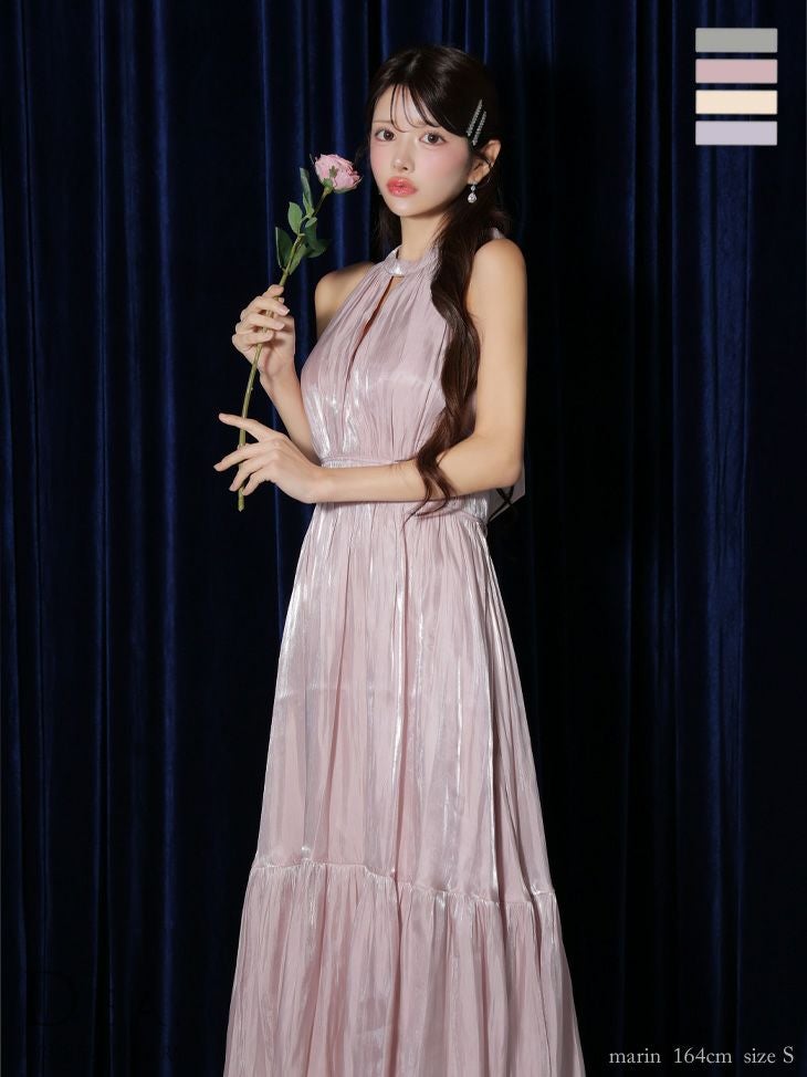 キャバドレス ブランド エレガント バストカット ホルターネック サテン リボン Aラインロングドレス